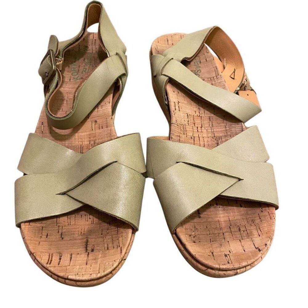 Kork-Ease Womens Myrna Wedge Sandals 8M Tan Leather Buckle Closure Cork Wrapped